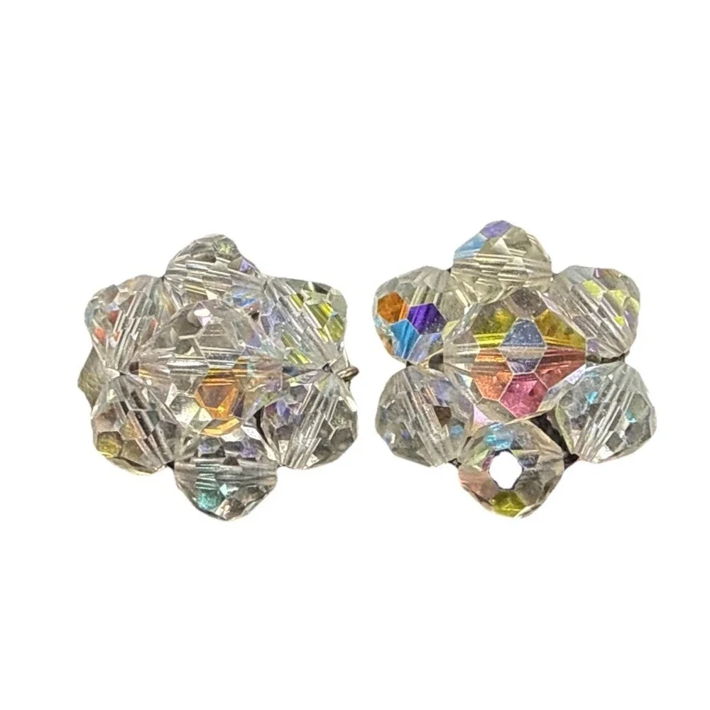Vintage AB Beaded Cluster Clip On Earrings J15-5